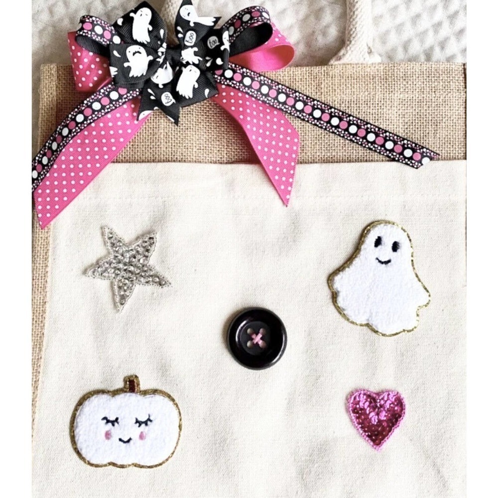 New Ghost Pumpkin Star Halloween Natural Jute Bag Tote Purse w/ Bow - Picture 2 of 10